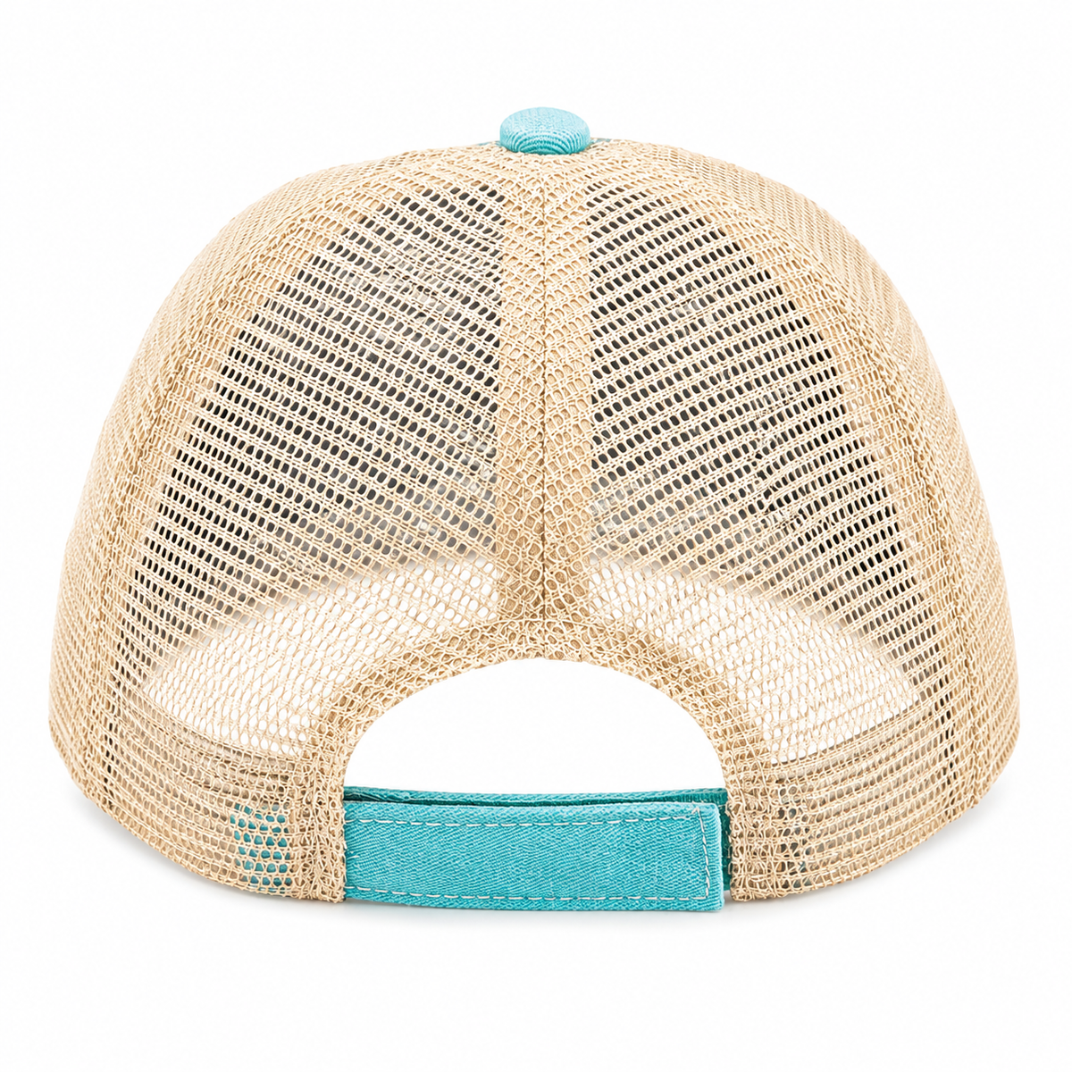 Back view of Mama Bear aqua trucker hat showing full tan mesh back and Velcro closure
