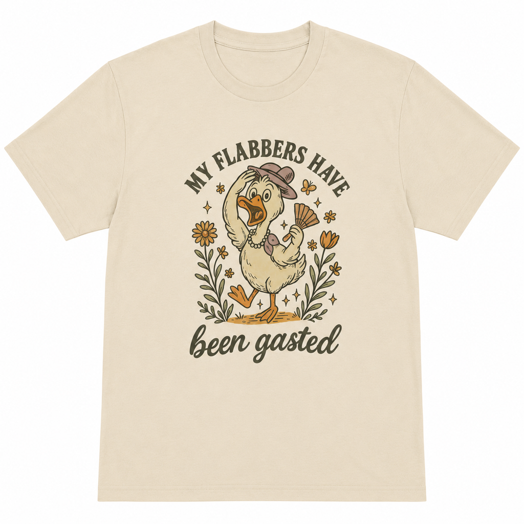  Cream My Flabbers Have Been Gasted graphic tee with whimsical bird and floral design