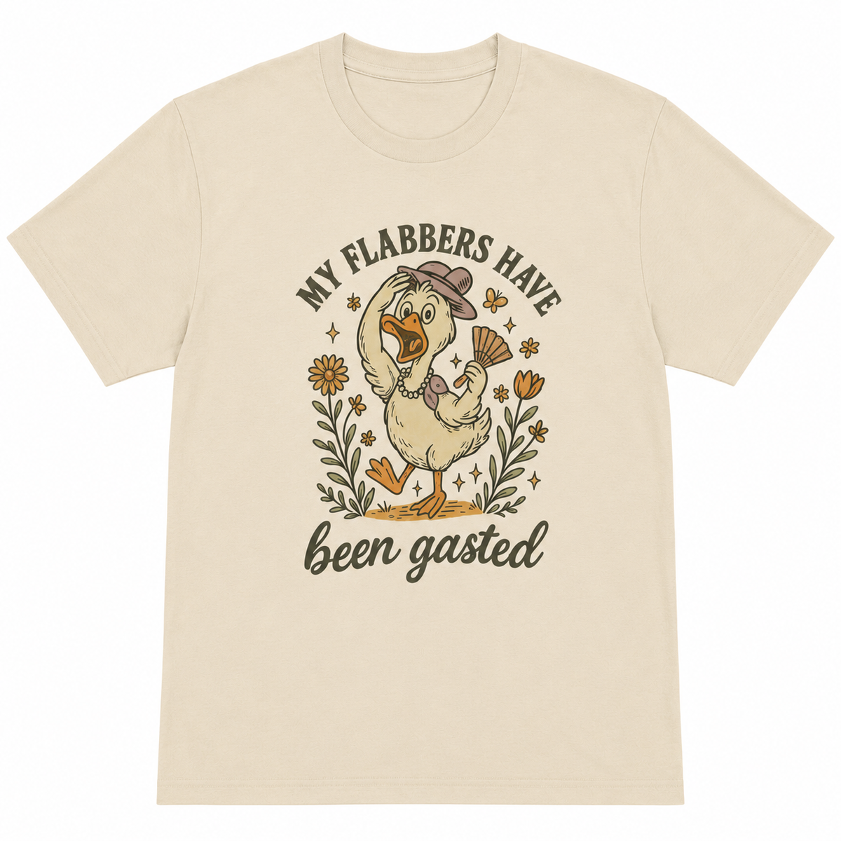  Cream My Flabbers Have Been Gasted graphic tee with whimsical bird and floral design