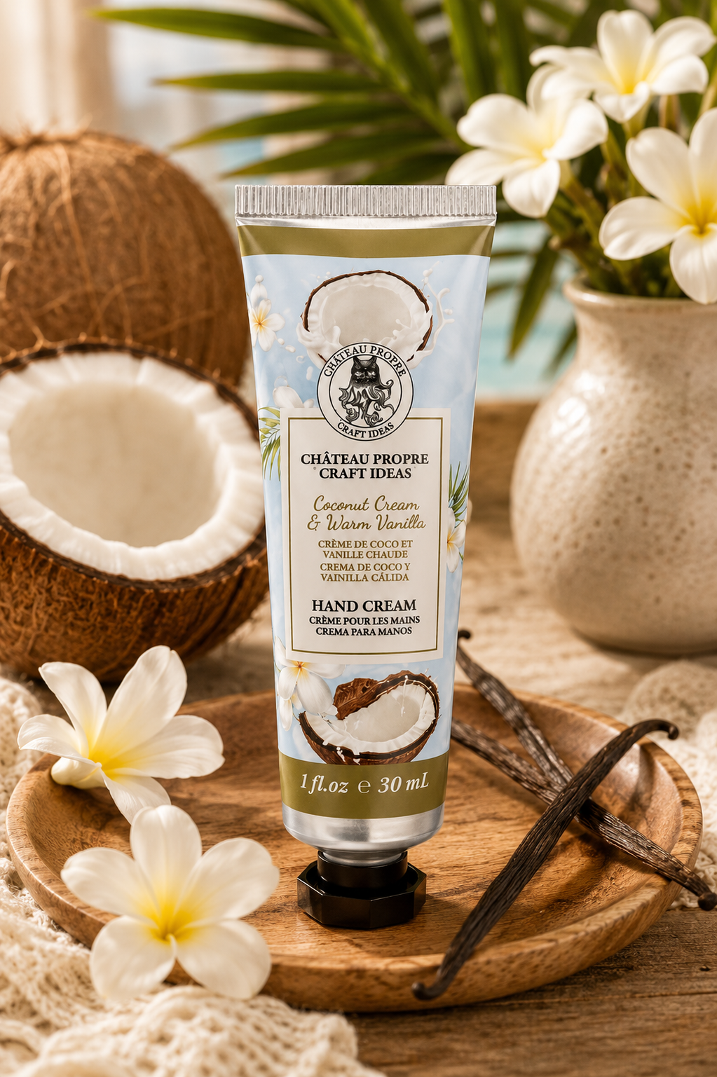A tube of Château Propre Craft Ideas Coconut Cream & Warm Vanilla Hand Cream stands on a wooden tray, surrounded by tropical props including a halved coconut, vanilla beans, and white flowers.