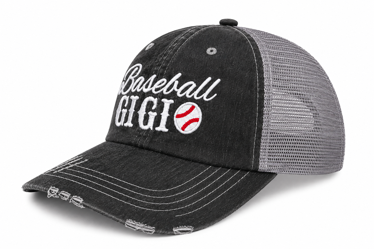 Side view of Baseball Gigi trucker hat in distressed black with gray mesh back and white embroidered lettering, shown on a white background.

