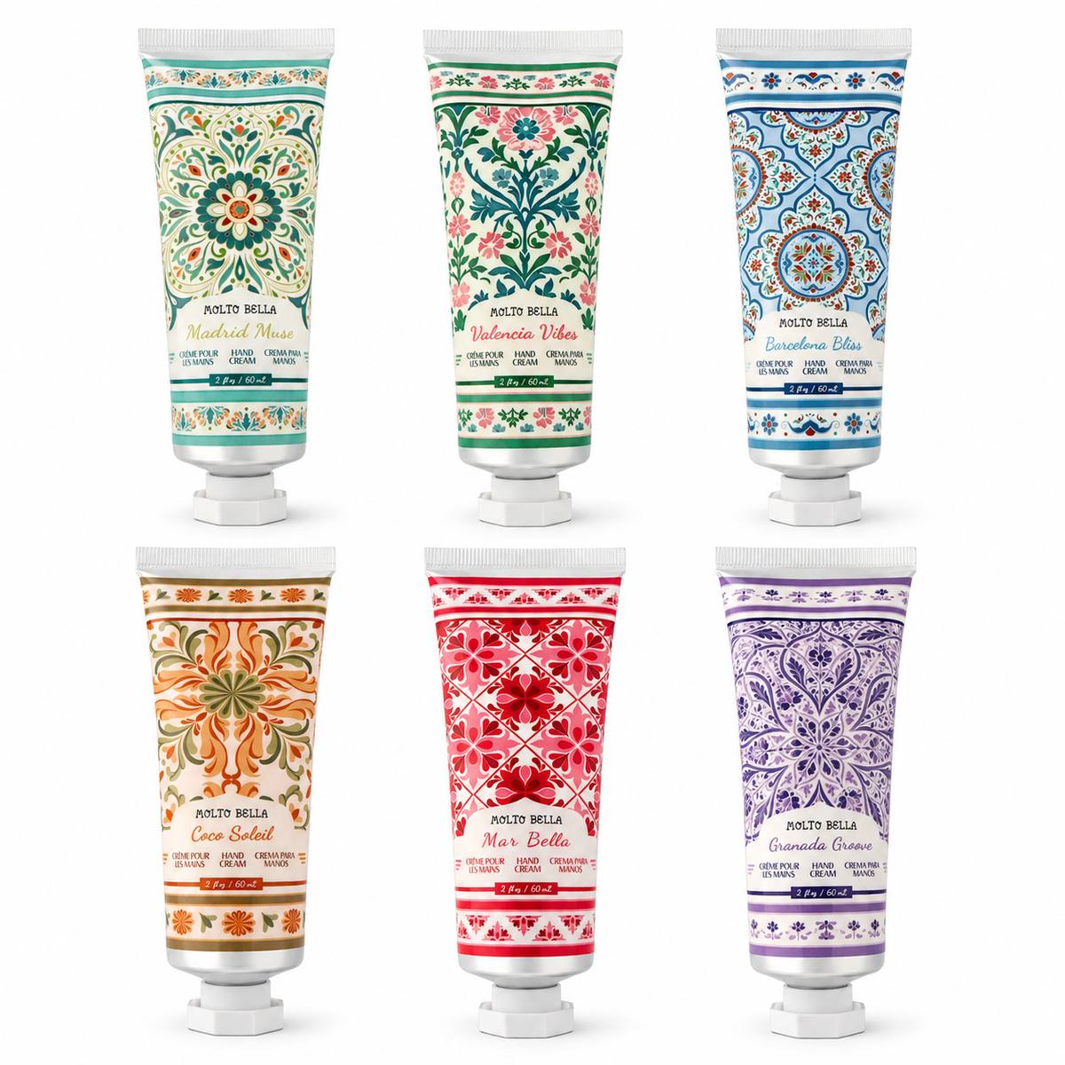 Molto Bella hand cream collection featuring six 2 oz scents in colorful floral and tile-inspired tubes on a white background.