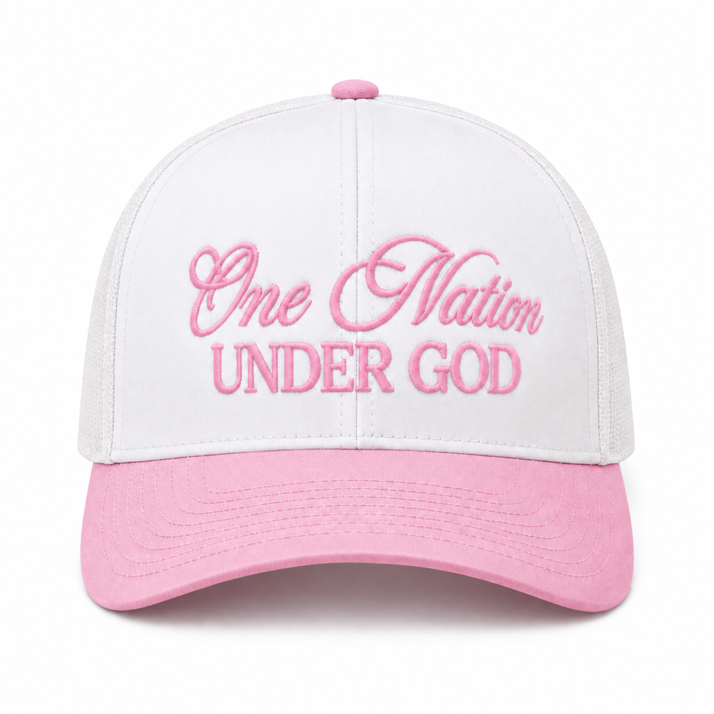 One Nation Under God Baseball Cap in Pink front view showing white structured cotton crown with pink embroidered script reading One Nation Under God in cursive and block lettering, light pink bill, and pink top button on white background
