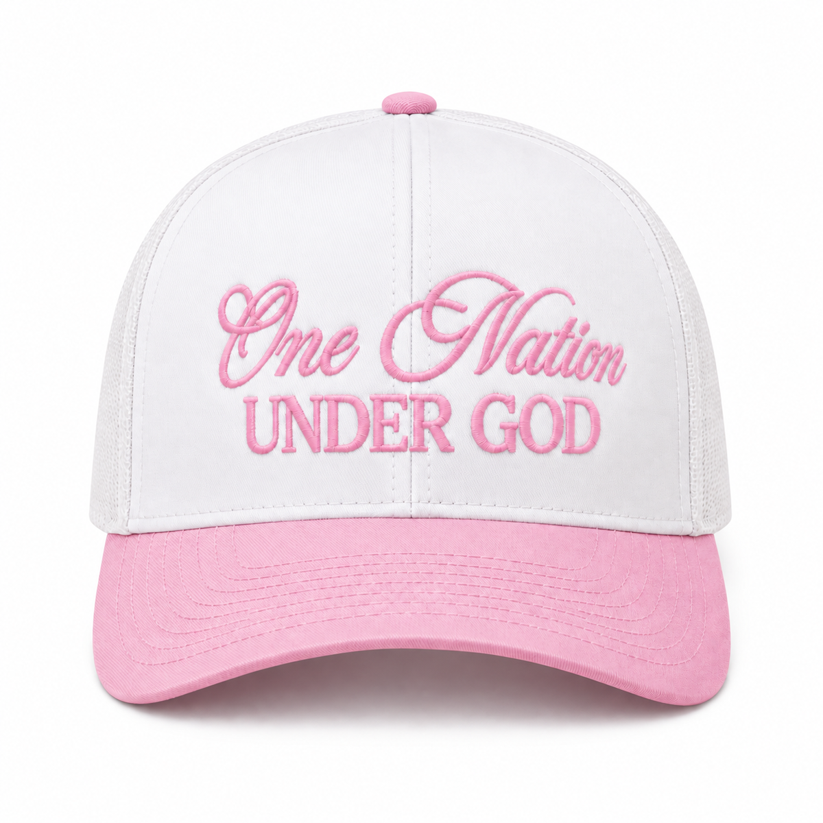 One Nation Under God Baseball Cap in Pink front view showing white structured cotton crown with pink embroidered script reading One Nation Under God in cursive and block lettering, light pink bill, and pink top button on white background
