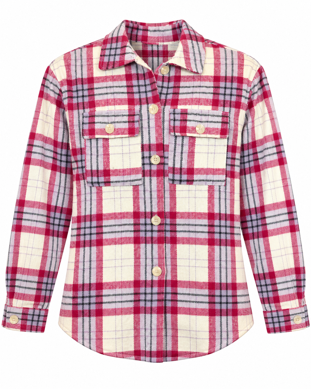 Front view of the raspberry, cream, gray, and black plaid shacket with cream buttons, two flap chest pockets, and a curved hem
