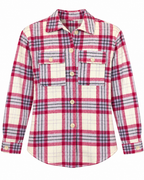 Front view of the raspberry, cream, gray, and black plaid shacket with cream buttons, two flap chest pockets, and a curved hem
