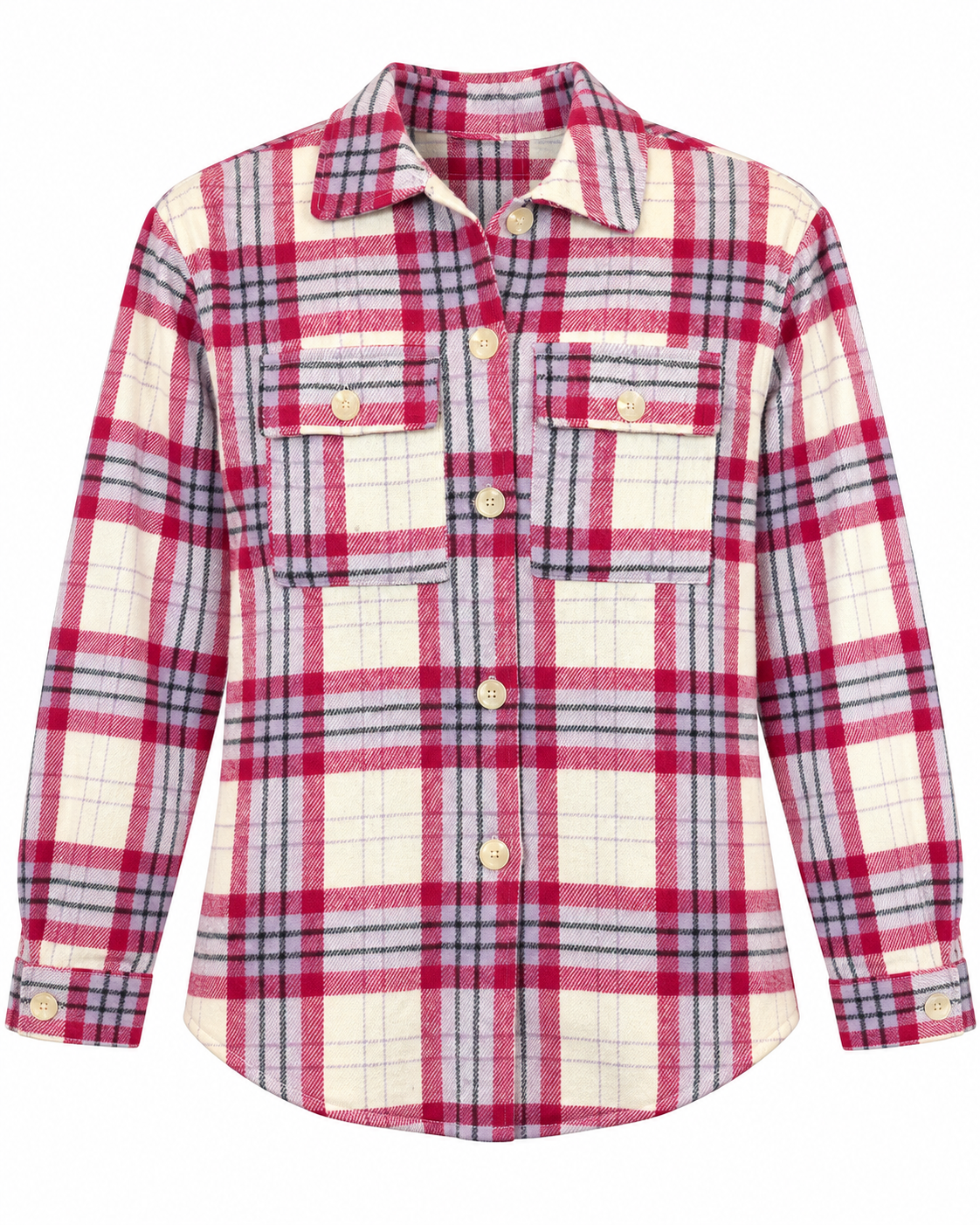 Front view of the raspberry, cream, gray, and black plaid shacket with cream buttons, two flap chest pockets, and a curved hem
