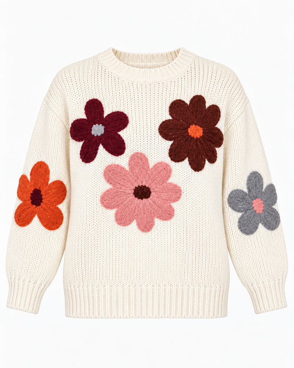Cream Floral Knit Stitched Sweater front view showing cream ribbed knit with five oversized 3D daisy floral appliqués in burgundy, brown, and pink on the body and orange and gray on the sleeves, ribbed crew collar, and ribbed cuffs and hem on white background
