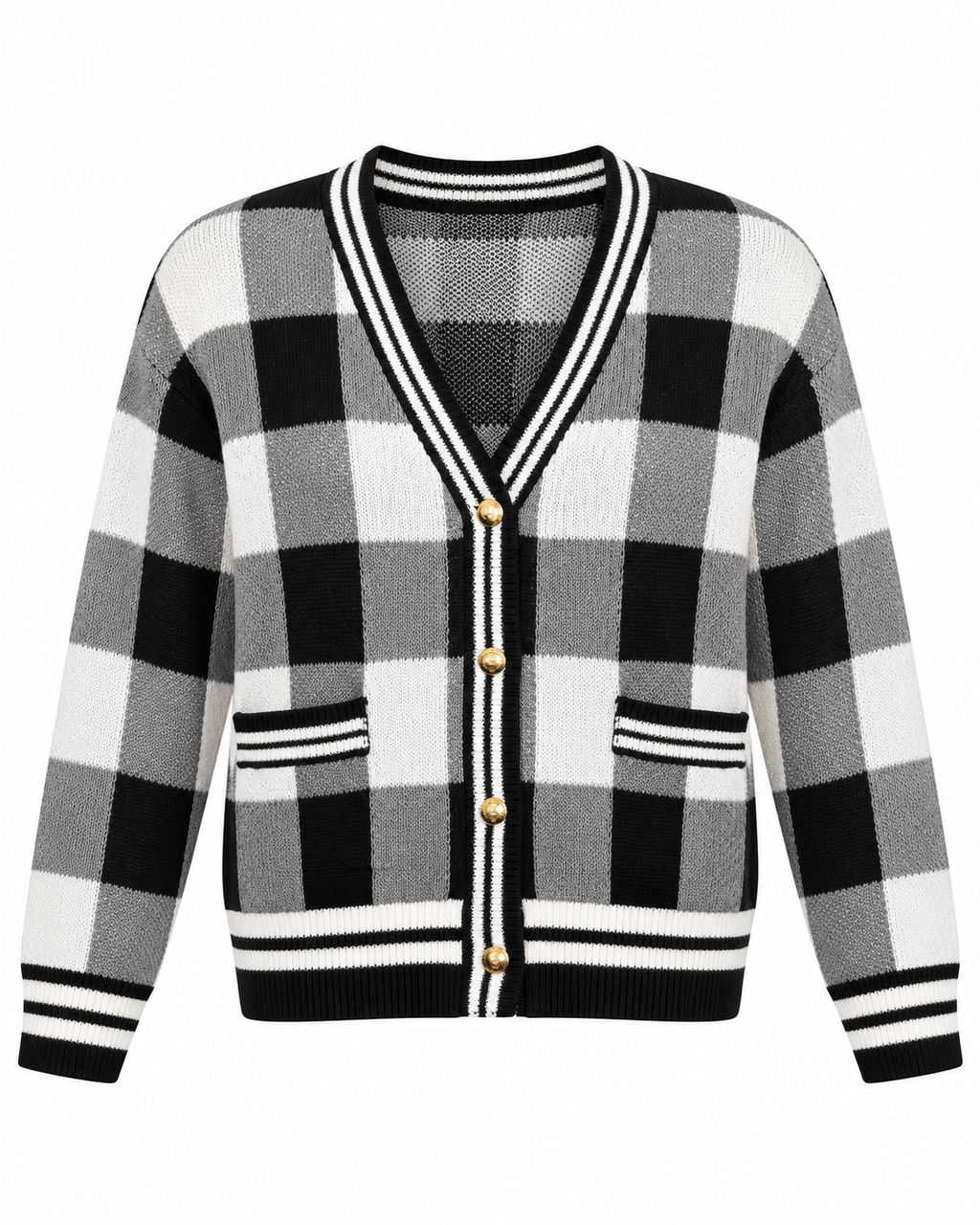 Black and White Plaid Gold Button Knit Cardigan front view showing black, white, and gray buffalo plaid pattern, V-neck with black and white striped knit trim, antique gold dome buttons, two front patch pockets with striped trim, and striped ribbed hem and cuffs on white background
