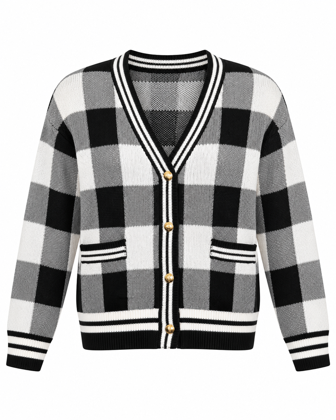 Black and White Plaid Gold Button Knit Cardigan front view showing black, white, and gray buffalo plaid pattern, V-neck with black and white striped knit trim, antique gold dome buttons, two front patch pockets with striped trim, and striped ribbed hem and cuffs on white background
