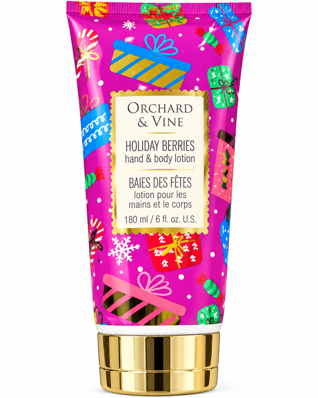 Close-up of the Holiday Berries lotion label showing 180 mL and 6 fl oz on pink packaging with Christmas presents and snowflakes
