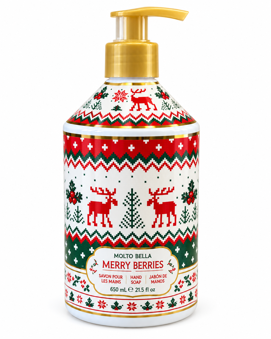 Front view of Merry Berries holiday hand soap with a gold-colored pump and red, green, and white reindeer and Christmas tree design
