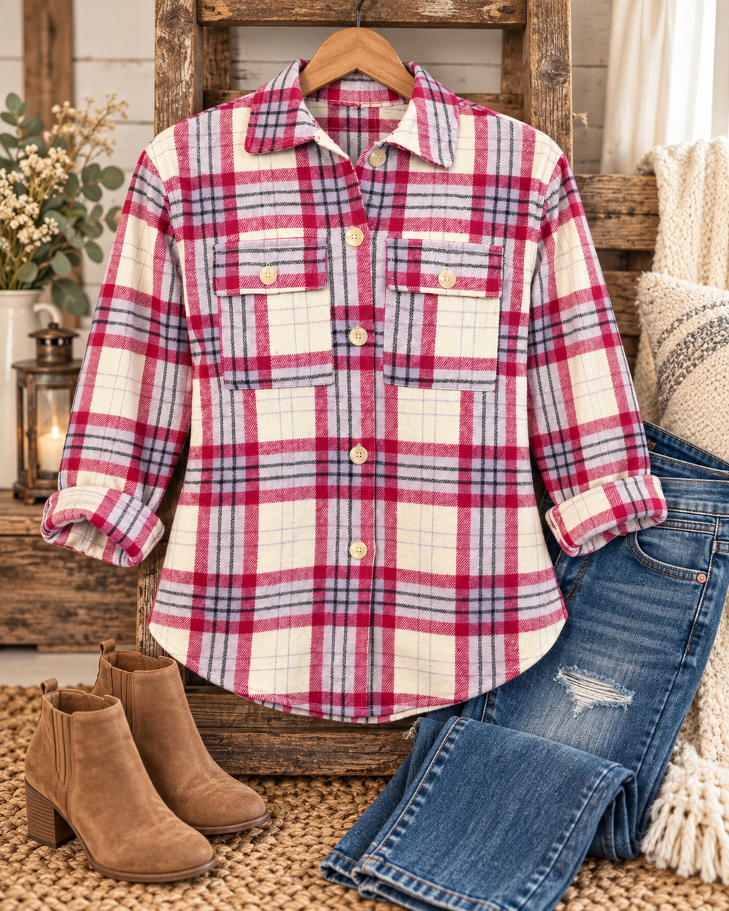 Raspberry cream plaid shacket on a wooden hanger with rolled cuffs, styled beside distressed jeans, tan ankle boots, and a fringed throw
