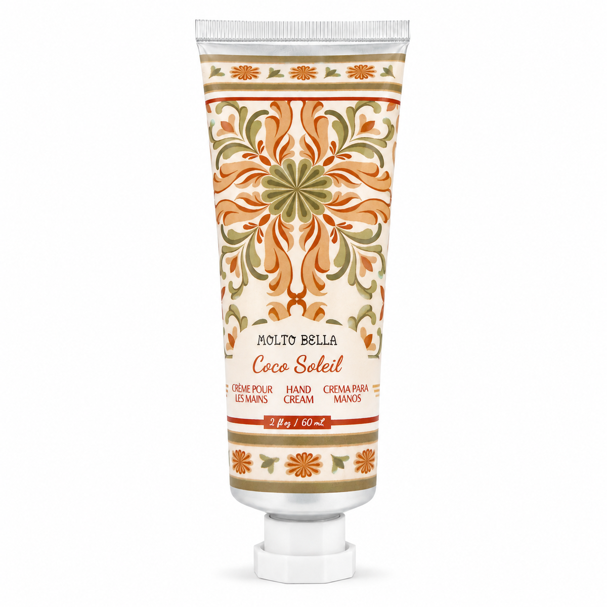 Molto Bella Coco Soleil hand cream 2 oz tube with warm orange, tan, and cream floral packaging