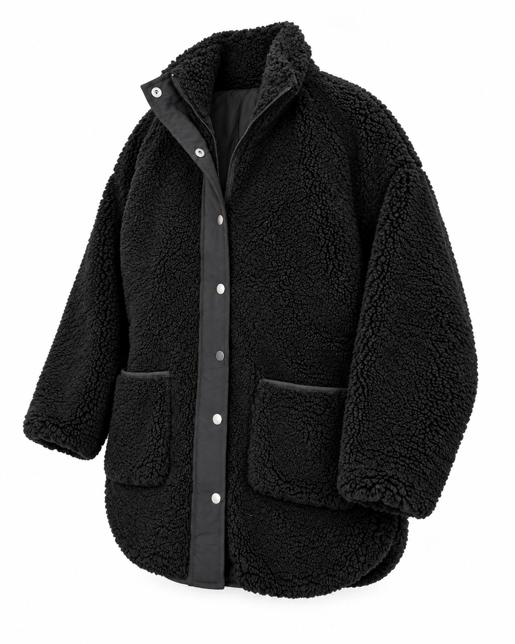 Angled front view of the black sherpa jacket showing its snap-and-zip closure, large front pockets, and curved high-low hem
