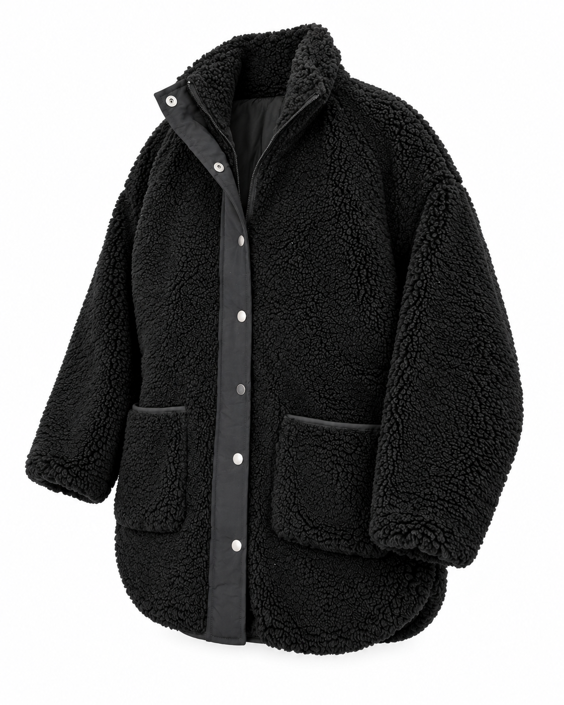 Angled front view of the black sherpa jacket showing its snap-and-zip closure, large front pockets, and curved high-low hem
