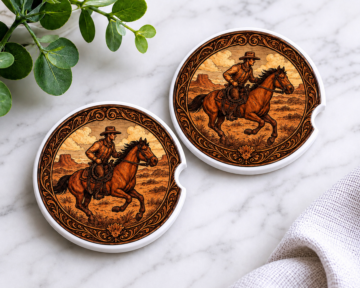 Cowboy Riding Horse Car Coaster Set — set of 2 ceramic coasters with tooled leather-style border and cowboy galloping on horseback through desert landscape, on marble background
