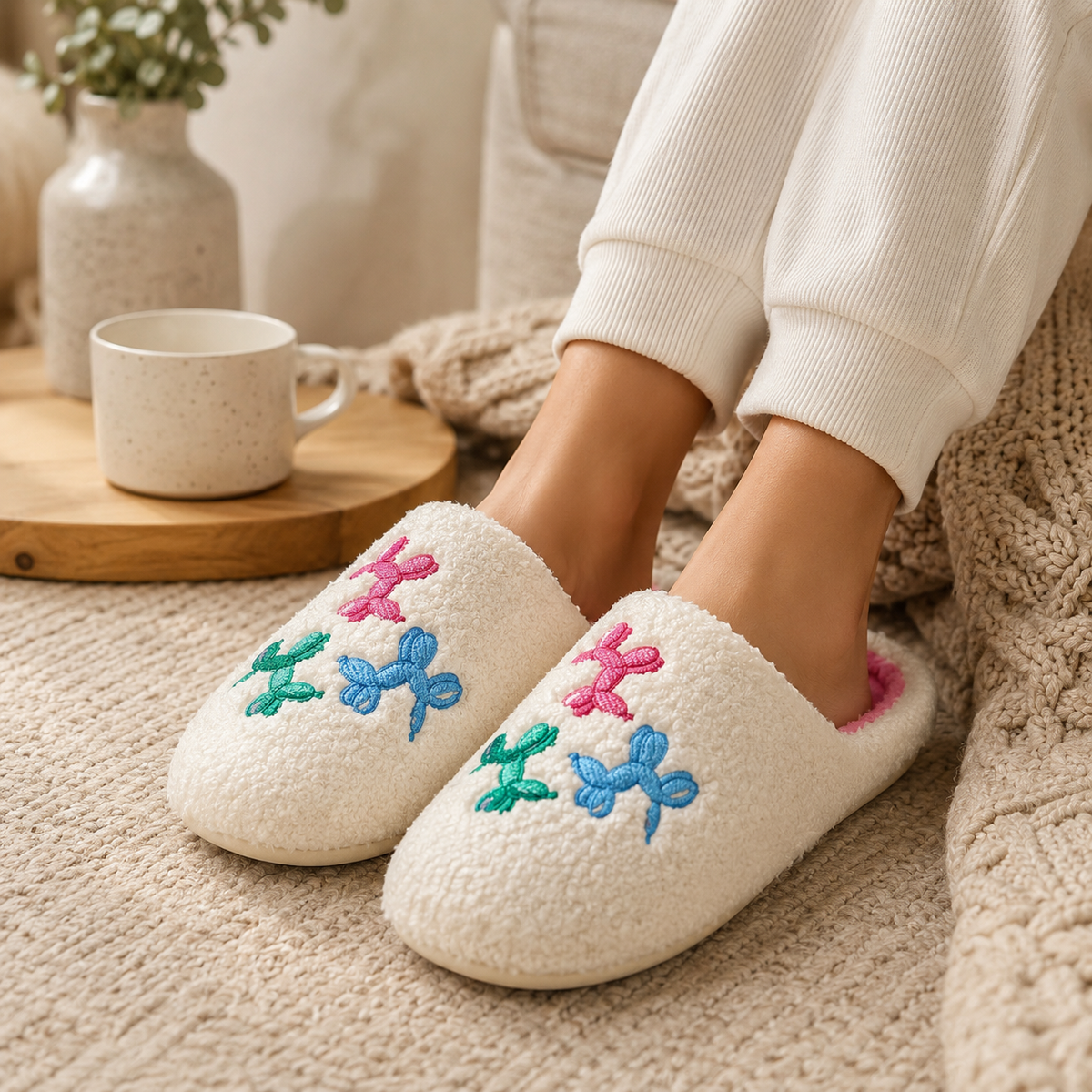 Woman wearing Ivory Balloon Dog Fuzzy Slippers in a cozy home setting with a coffee mug and knit blanket, showing colorful embroidered pink, blue, and green balloon dog accents on ivory fuzzy exterior
