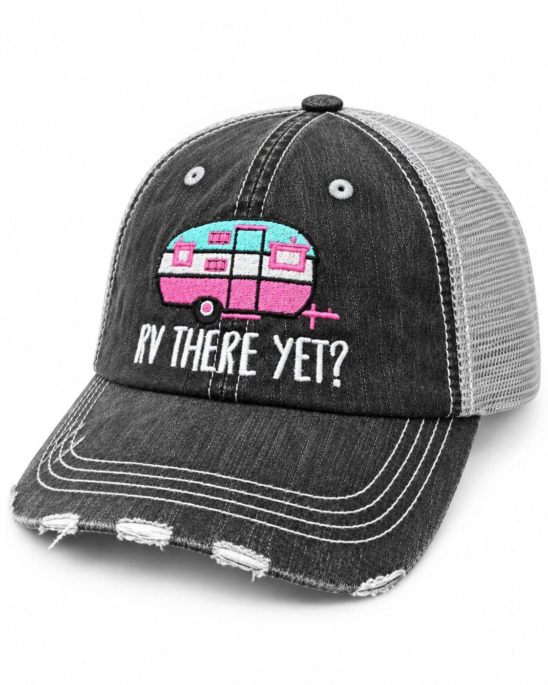 RV There Yet Trucker Hat three-quarter angle view showing distressed black front, gray mesh back, and embroidered aqua and pink camper graphic with white RV There Yet lettering on white background
