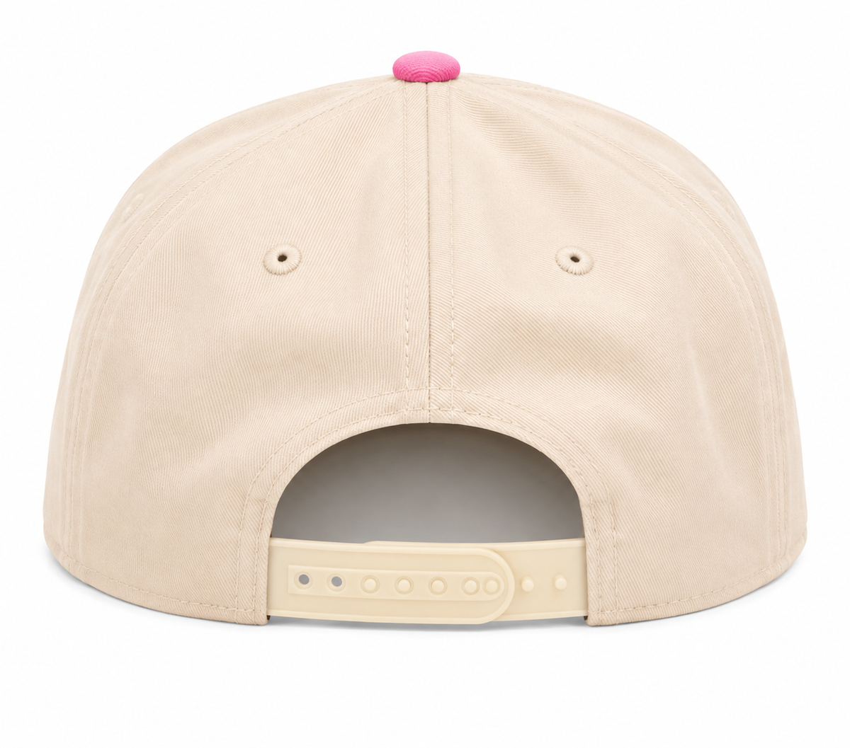 Back view of Bridezilla Baseball Cap showing cream solid back panels and adjustable snapback closure with pink button, on a white background.

