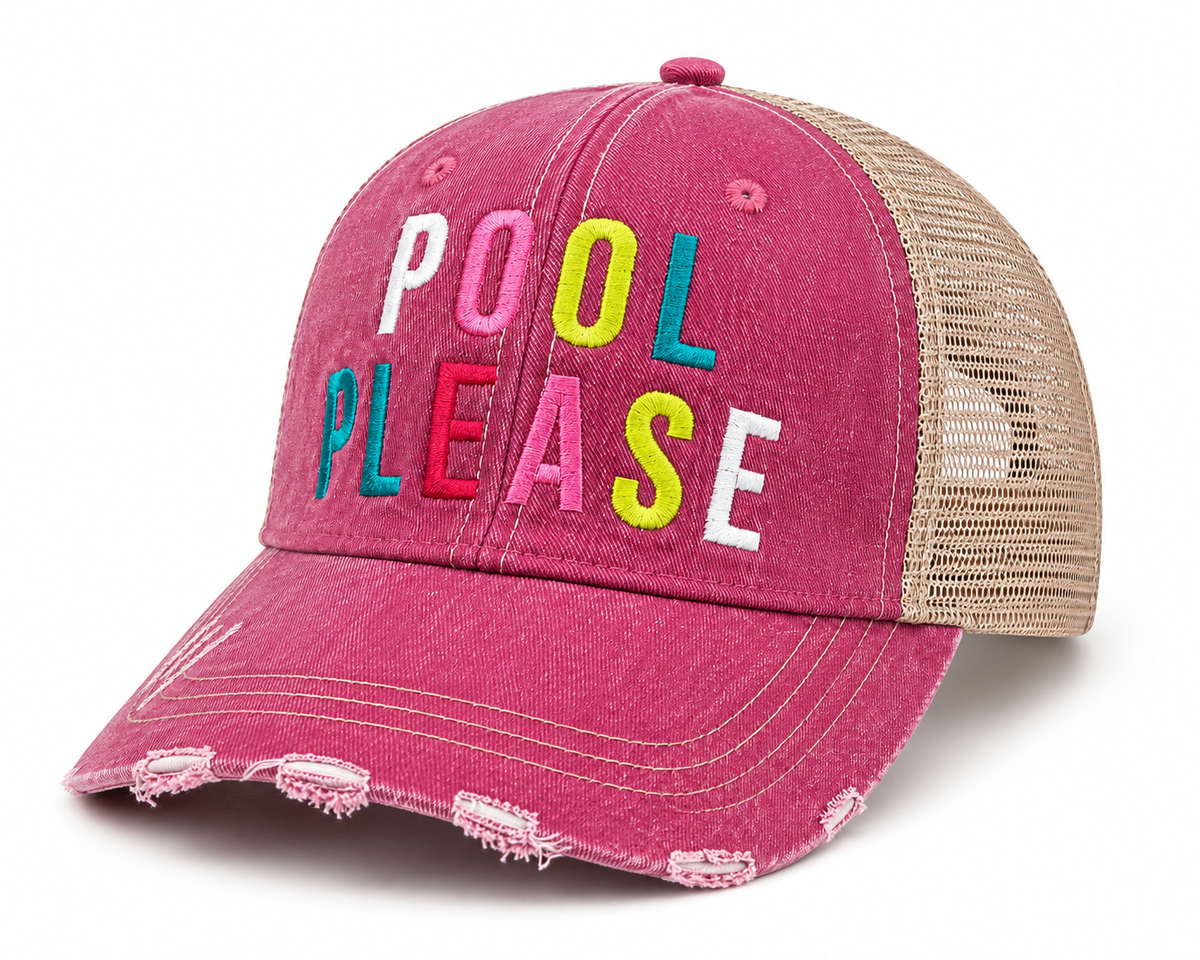  Side view of pink Pool Please trucker hat with tan mesh back and adjustable snapback closure.