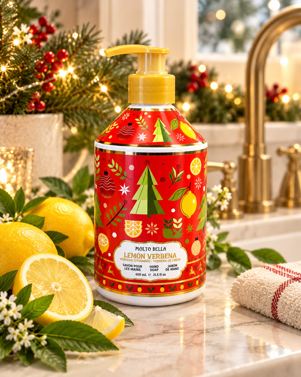 Molto Bella Lemon Verbena hand soap beside a sink with fresh lemons, Christmas greenery, a striped towel, and gold fixtures
