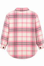 Back view of Pink & Gray Plaid Shacket showing pink, gray, and cream plaid back panel, spread collar, curved shirttail hem, and button cuffs on white background
