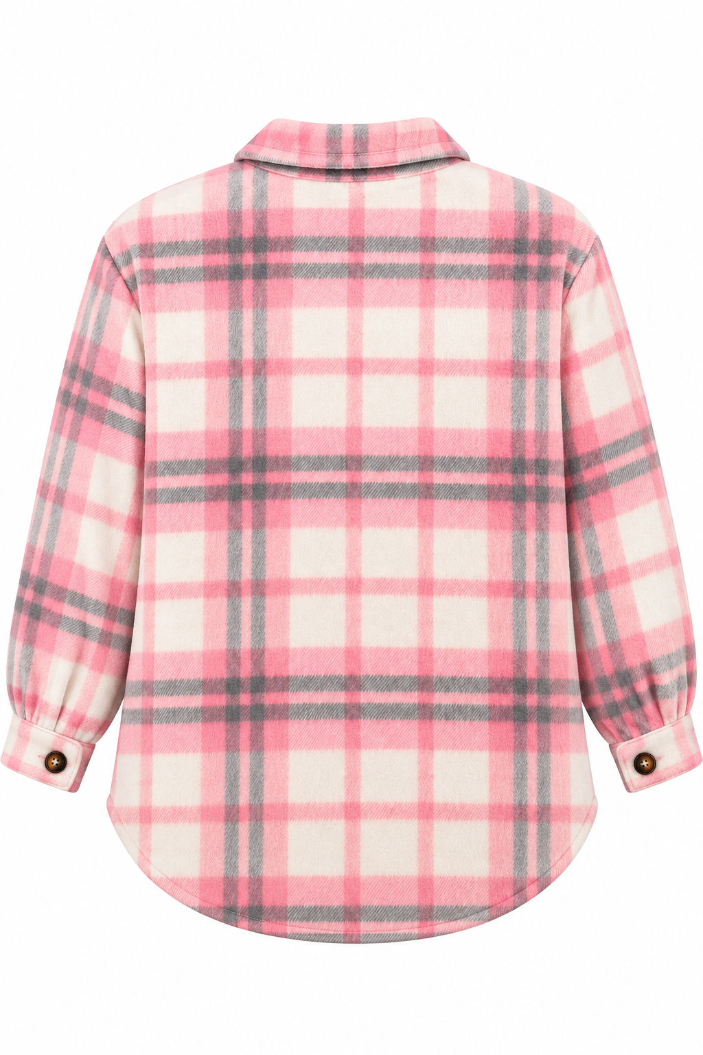 Back view of Pink & Gray Plaid Shacket showing pink, gray, and cream plaid back panel, spread collar, curved shirttail hem, and button cuffs on white background
