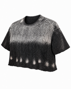 Three-quarter view of black ombre cable knit cropped sweater showing crew neckline and short sleeves on white background
