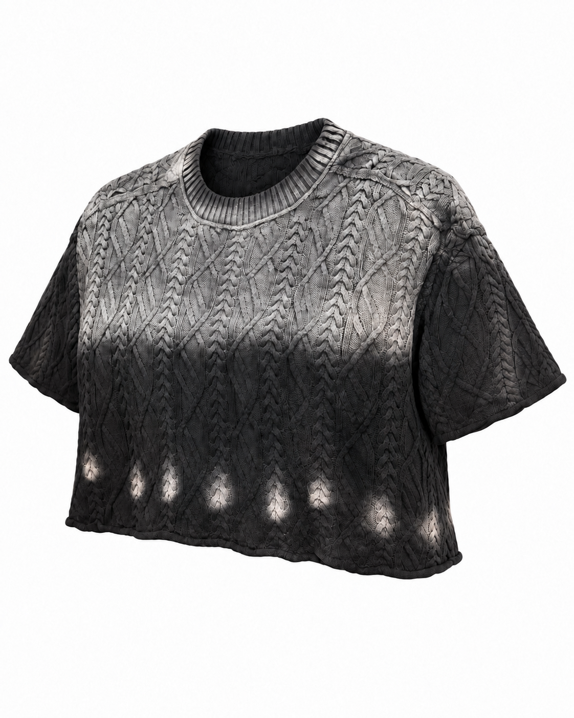 Three-quarter view of black ombre cable knit cropped sweater showing crew neckline and short sleeves on white background
