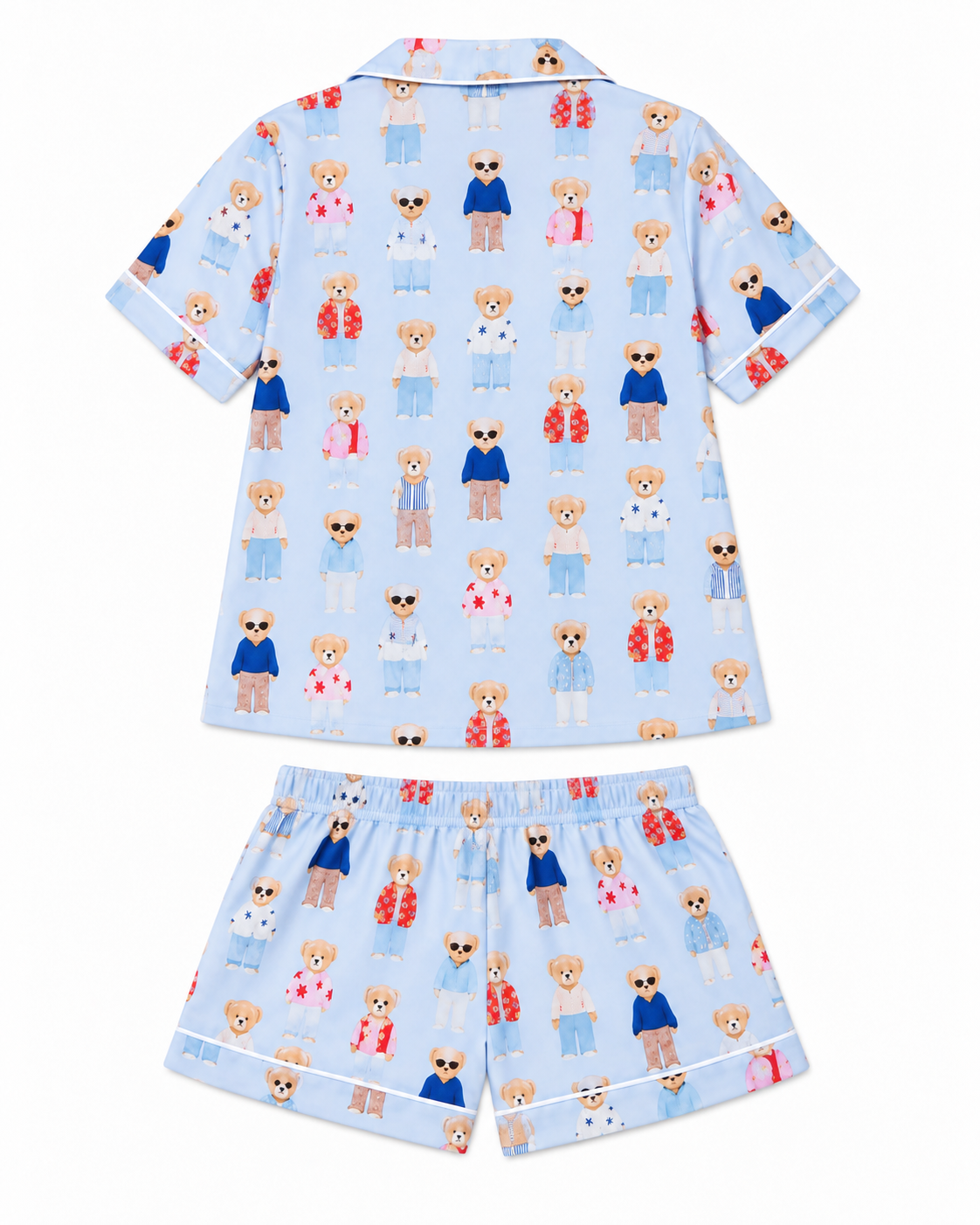 Teddy Bear Pajama Short Set back view flat lay showing light blue short-sleeve top and matching shorts with all-over illustrated fashion teddy bear print and white contrast piping on collar and shorts hem on white background
