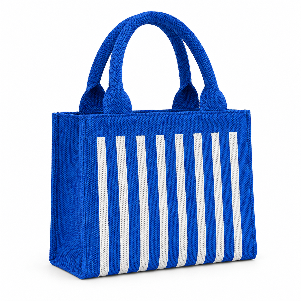 Mini Blue Striped Tote Handbag three-quarter angle view showing vivid cobalt blue structured woven body, cream vertical stripes on front and sides, and matching blue rounded loop top handles on white background
