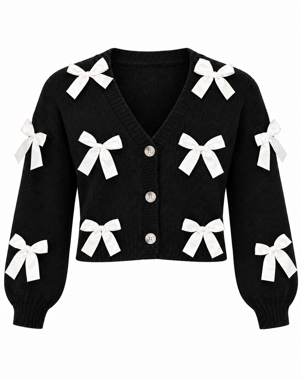 Black Satin Bow Knit Cardigan front view showing black knit body with white satin ribbon bows appliquéd on front and sleeves, deep V-neckline, pearl dome button placket, and elasticized ribbed cuffs on white background
