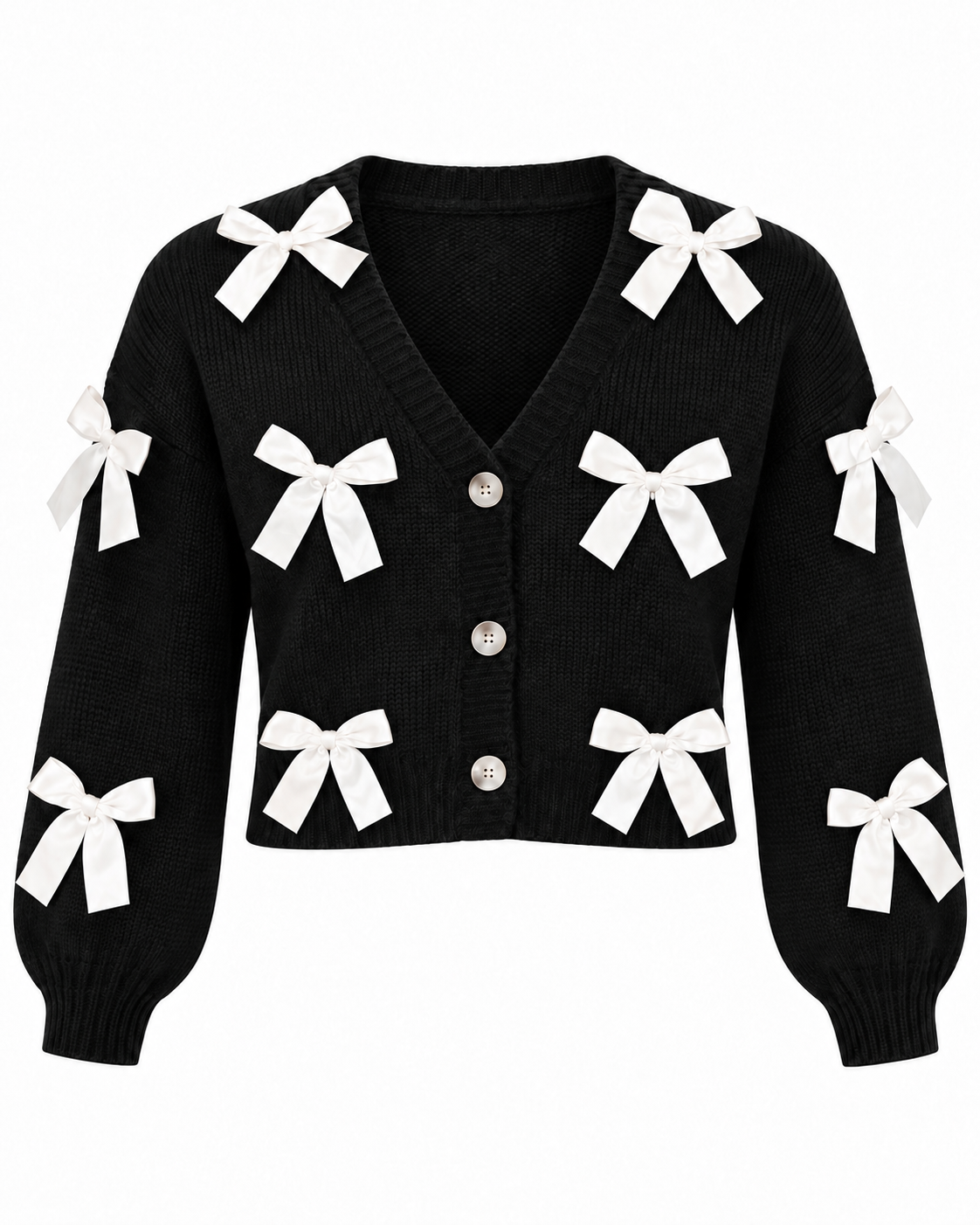 Black Satin Bow Knit Cardigan front view showing black knit body with white satin ribbon bows appliquéd on front and sleeves, deep V-neckline, pearl dome button placket, and elasticized ribbed cuffs on white background
