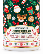 Close-up of the Gingerbread hand soap label showing Santa, reindeer, Christmas stockings, and the printed 650 mL and 21.5 fl oz size
