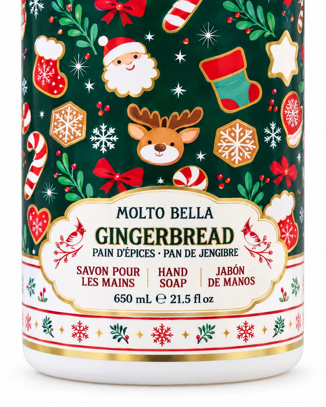 Close-up of the Gingerbread hand soap label showing Santa, reindeer, Christmas stockings, and the printed 650 mL and 21.5 fl oz size
