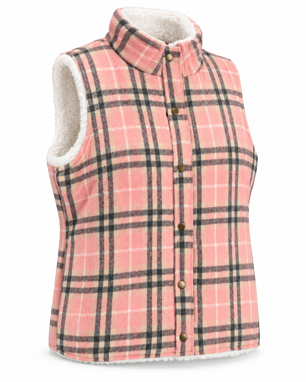 Angled front view of the pink, cream, and charcoal plaid vest showing its snap closure and white sherpa-style lining
