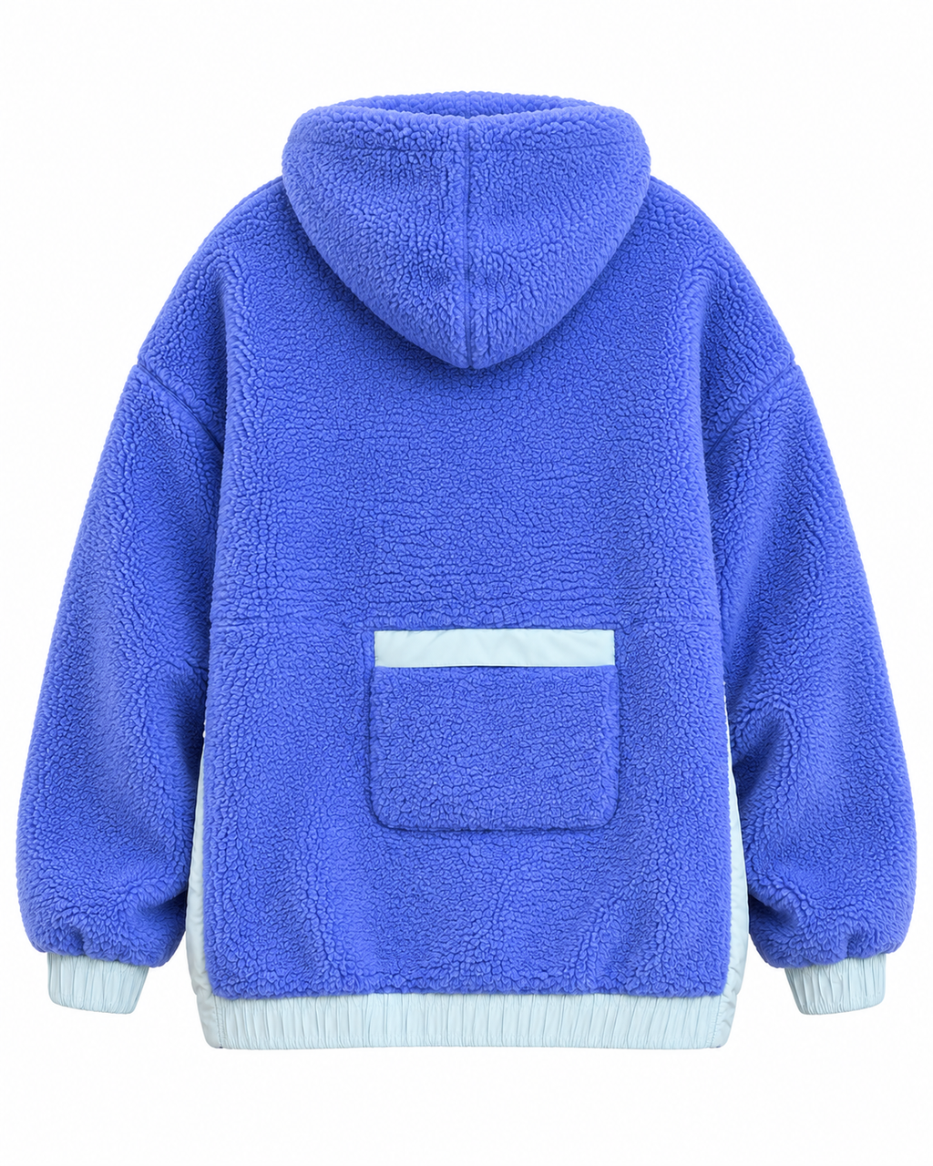 Back view of the blue sherpa pullover hoodie showing the hood, back patch pocket with light blue top trim, and gathered cuffs and hem
