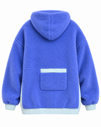 Back view of the blue sherpa pullover hoodie showing the hood, back patch pocket with light blue top trim, and gathered cuffs and hem
