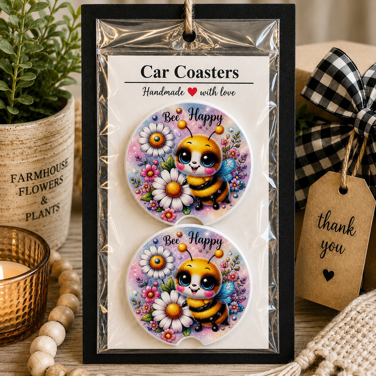 Bee Happy Car Coaster Set in handmade packaging — gift-ready ceramic coasters with cute bee and daisy design, set of 2
