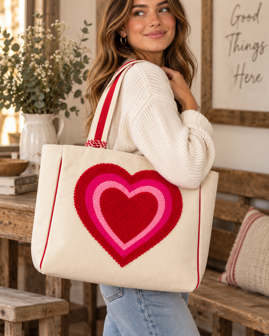 Woman carrying Layered Heart Tote Bag over shoulder showing natural canvas body with large textured punch needle layered heart in red hot pink and light pink with red striped handles and cream sweater in farmhouse interior
