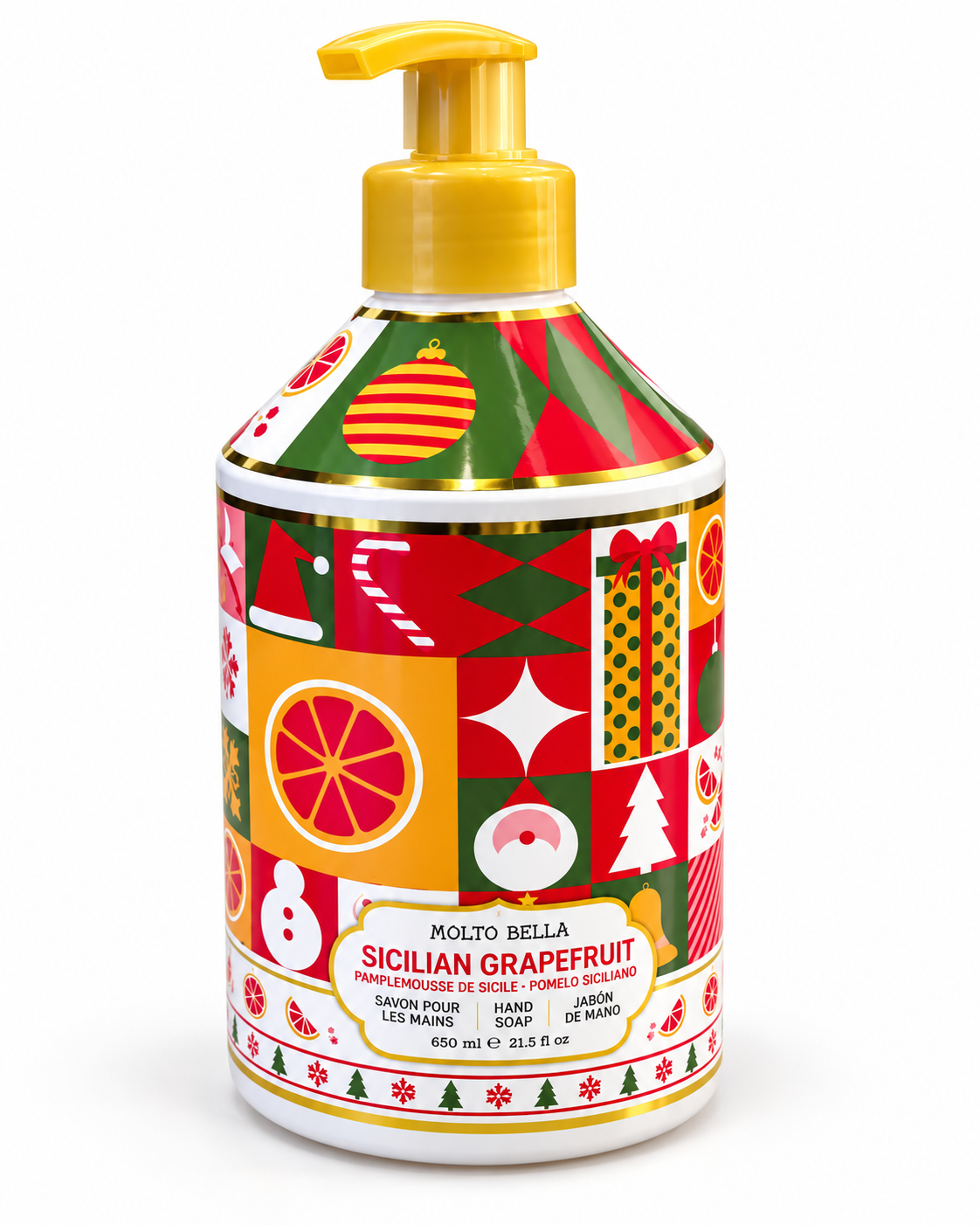 Angled view of the Sicilian Grapefruit hand soap bottle showing Christmas trees, ornaments, wrapped gifts, candy canes, and citrus motifs
