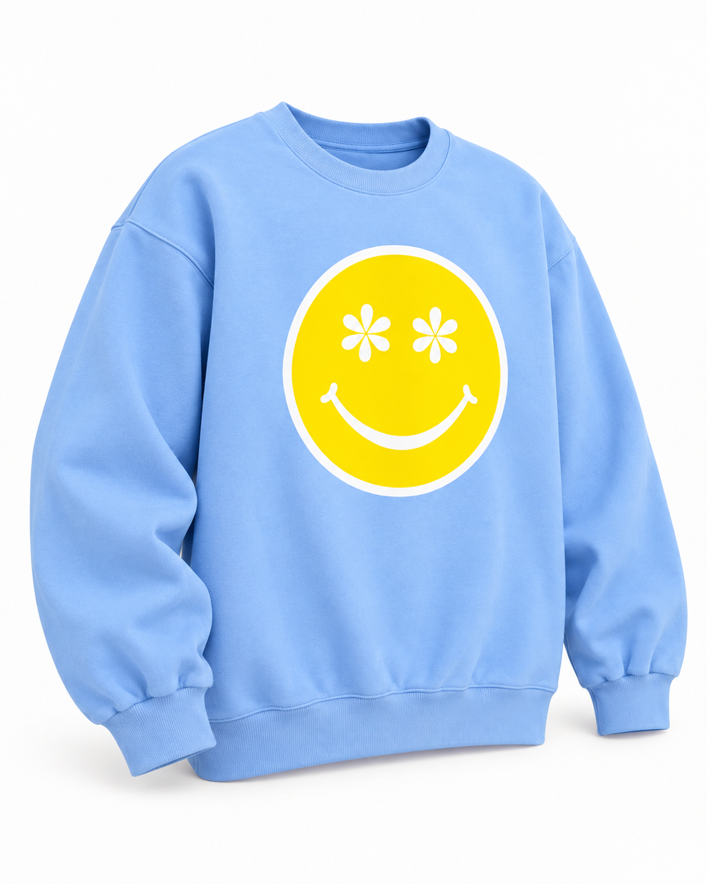 Angled front view of the daisy eyes happy face sweatshirt showing long sleeves and ribbed cuffs and hem
