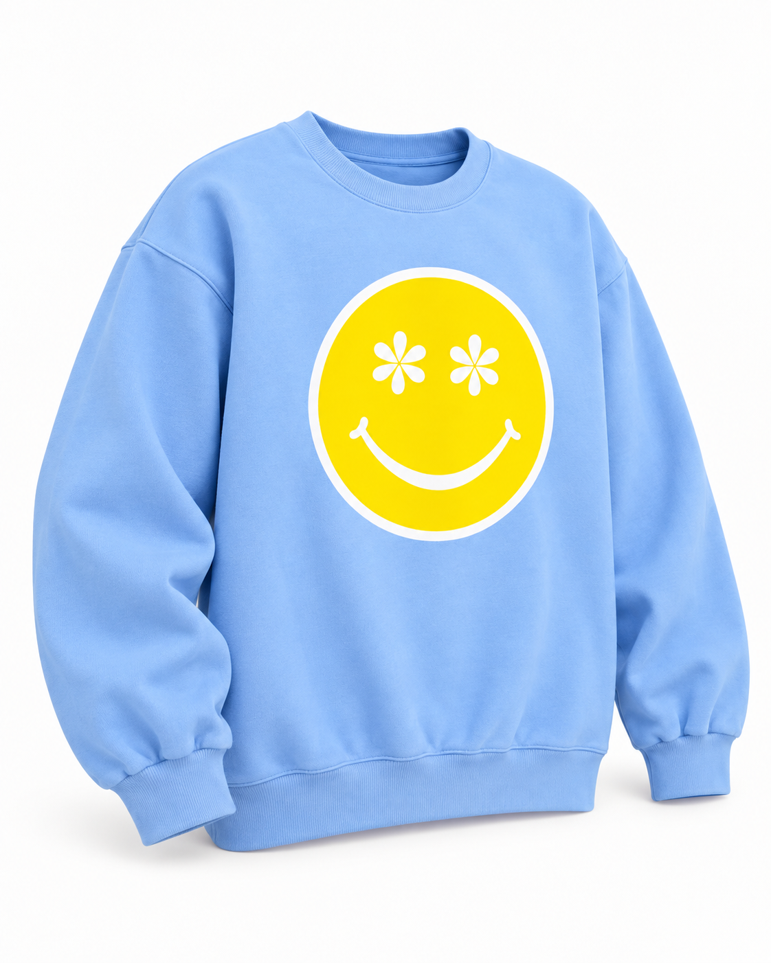 Angled front view of the daisy eyes happy face sweatshirt showing long sleeves and ribbed cuffs and hem
