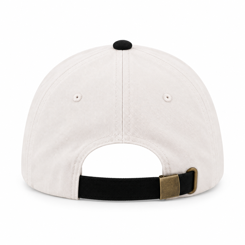Back view of Star Floral American Flag Baseball Cap in Black showing cream cotton back panels with two small ventilation eyelets, black top button, and black adjustable strap with antique brass slide buckle closure on white background
