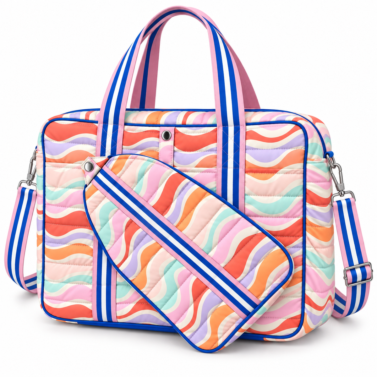 Retro Wave Pickleball Bag three-quarter angle view showing quilted polyester in multicolor retro wave print with royal blue trim, pink and blue stripe carry handles, silver snap front exterior pocket, removable quilted matching paddle holder, and adjustable blue and white stripe crossbody strap with silver hardware on white background
