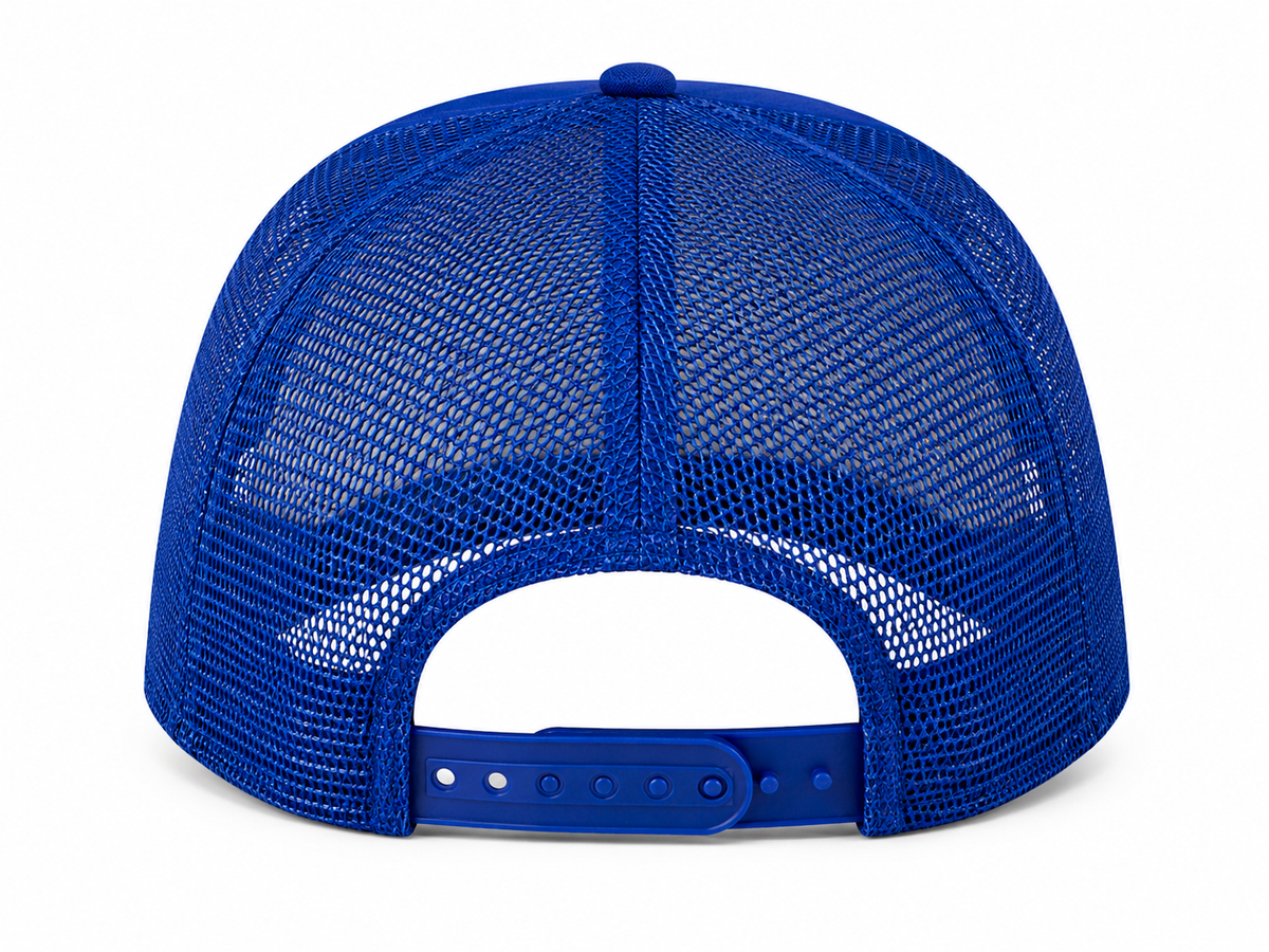 Back view of Coconut Tree Trucker Hat showing royal blue mesh back panels and adjustable snapback closure, on a white background.
