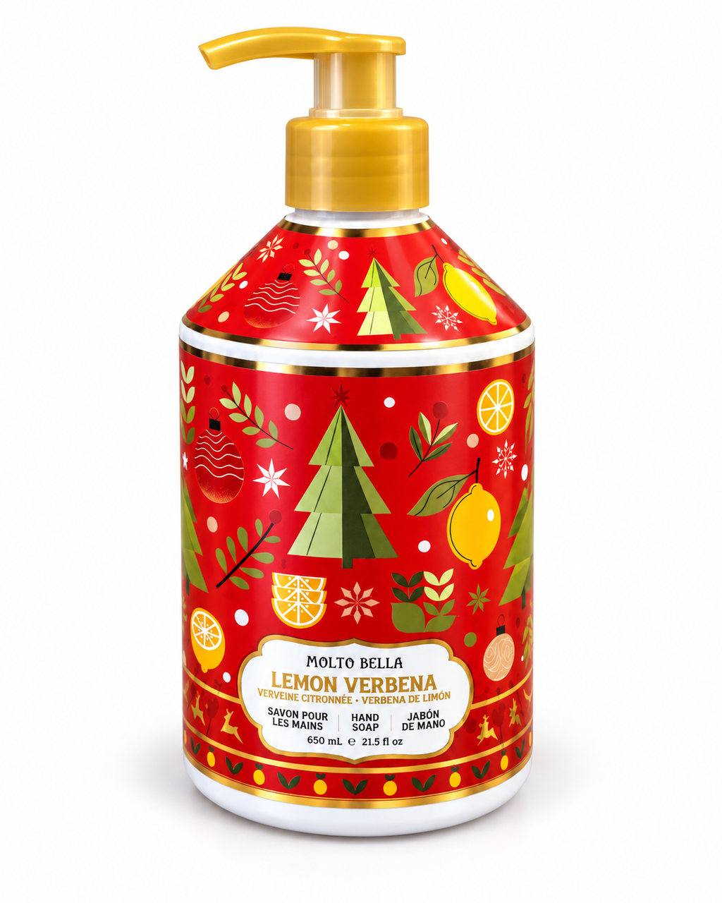 Front view of Lemon Verbena holiday hand soap with a gold-colored pump, red Christmas bottle, green trees, yellow lemons, and 21.5 fl oz label

