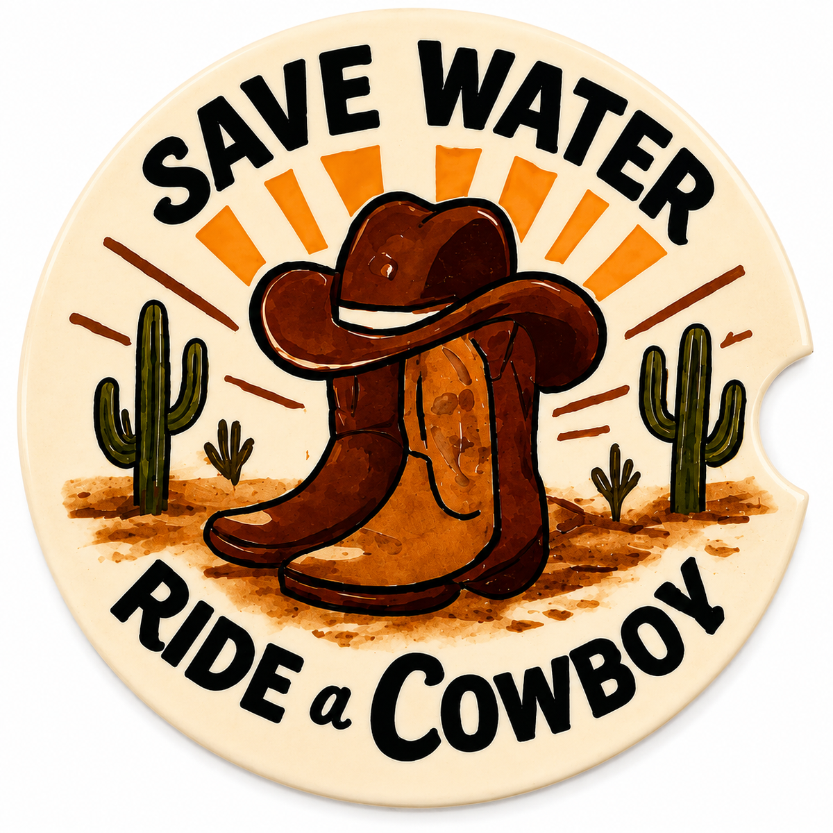Close-up of Save Water Ride a Cowboy ceramic car coaster with cowboy boots, hat, cactus, and sunburst desert design on white background
