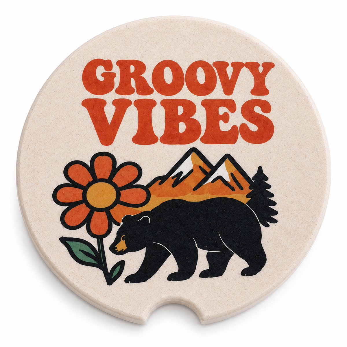 Close-up of retro Groovy Vibes bear and floral design on ceramic car coaster
